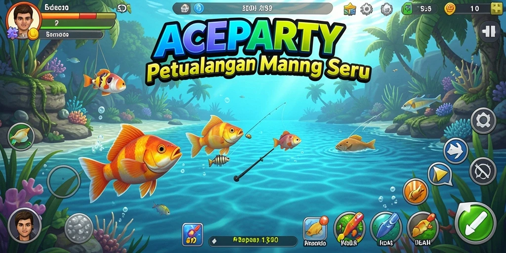 Tampilan gameplay ACEPARTY yang menakjubkan saat memancing di danau.
