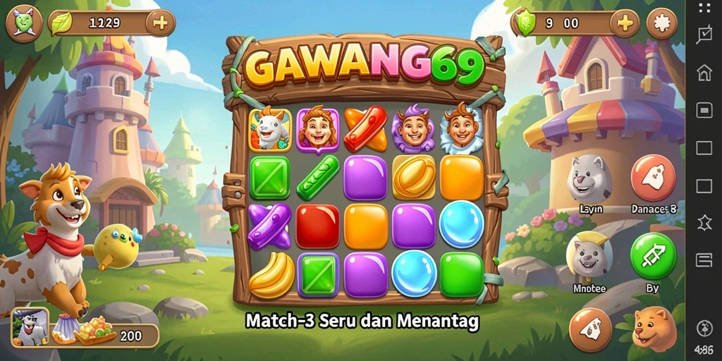 Tampilan gameplay GAWANG69 dengan permata berwarna-warni dan tantangan seru.
