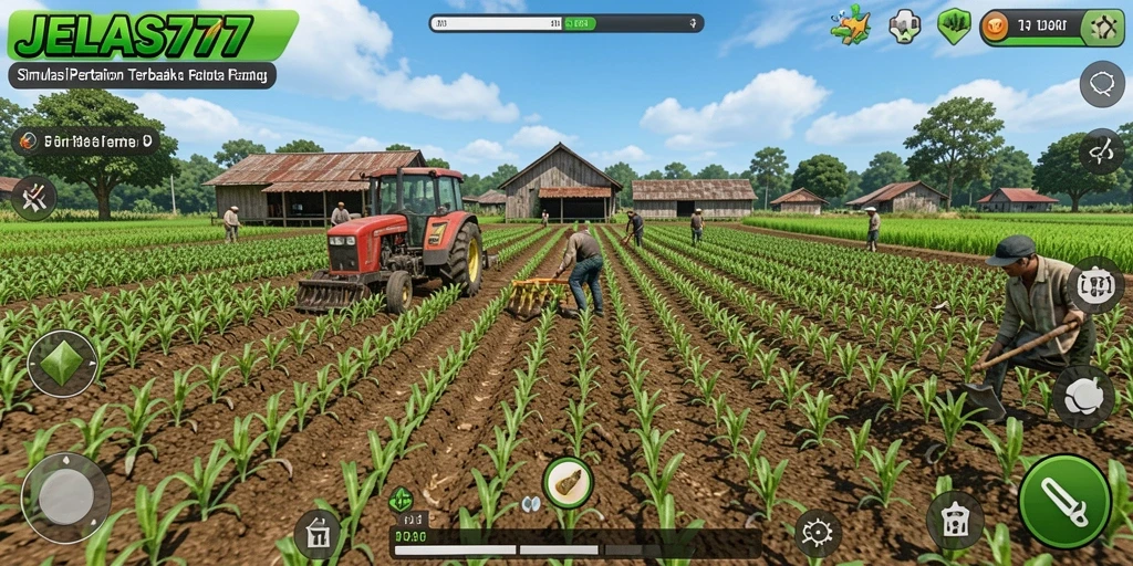 Screenshot gameplay JELAS777 menunjukkan kebun yang subur dan aktivitas bertani.