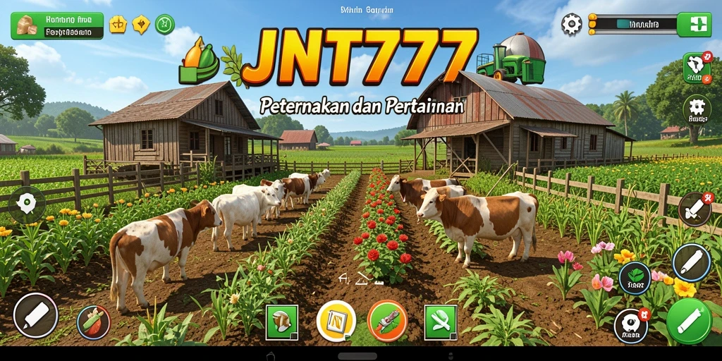 Tampilan gameplay <strong>JNT777</strong> yang memperlihatkan aktivitas pertanian yang seru.