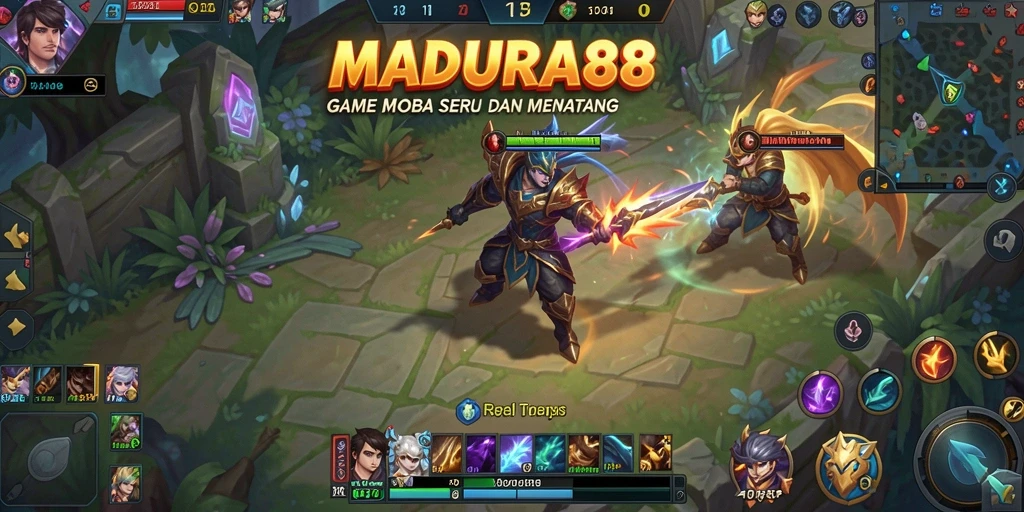 Screenshot gameplay MADURA88 menampilkan pertempuran MOBA yang seru.