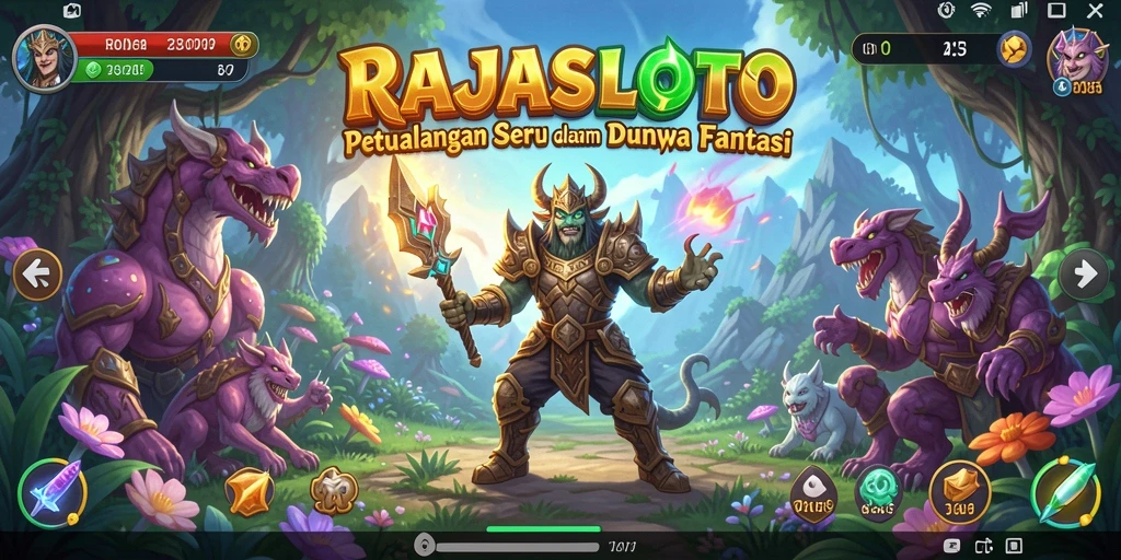 Screenshot utama RAJASLOTO menampilkan karakter menjelajahi dunia yang penuh tantangan.
