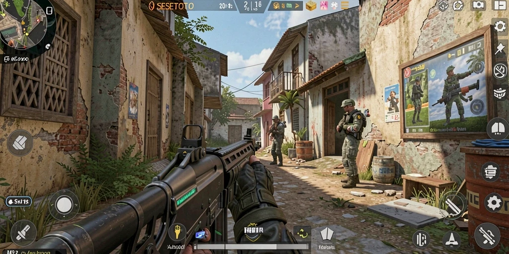 Tampilan gameplay SESETOTO dengan aksi tembak-menembak yang intens.