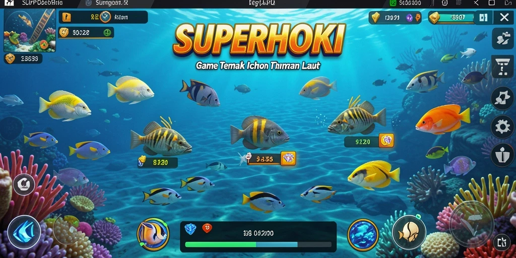 Screenshot gameplay SUPERHOKI menampilkan aksi seru berburu ikan.