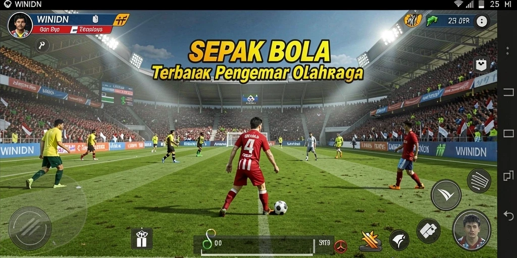 Tampilan gameplay WINIDN yang seru dan dinamis dalam laga sepak bola.
